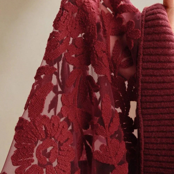 Burgundy Casual Women's Floral Pattern Round Neck Long Sleeve Knit Sweater - Picture 6 of 6